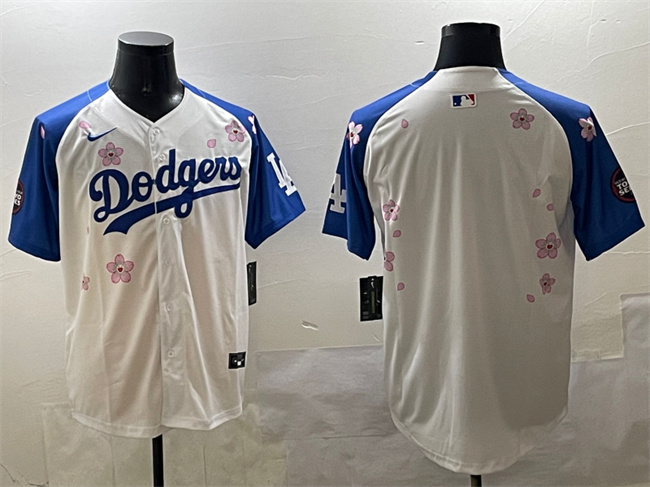Men's Los Angeles Dodgers Blank White/Royal 2025 Tokyo Series Limited Stitched Baseball Jersey Men's Los Angeles Dodgers Blank White/Royal 2025 Tokyo Series Limited Stitched Baseball Jersey